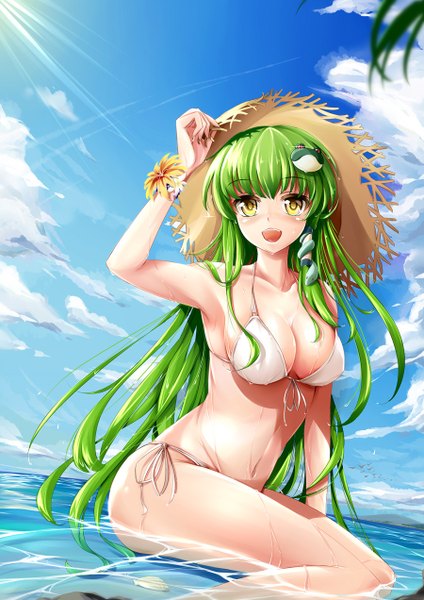 Anime picture 900x1272 with touhou kochiya sanae yunsang single long hair tall image looking at viewer blush breasts light erotic yellow eyes sky cloud (clouds) green hair girl hair ornament swimsuit hat bikini water