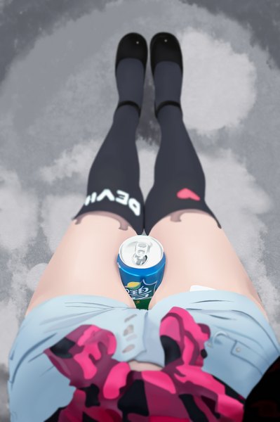 Anime picture 1304x1960 with original d10c2 single tall image from above realistic inscription text english between legs pov checkered no face heart print female pov girl thighhighs black thighhighs shorts heart