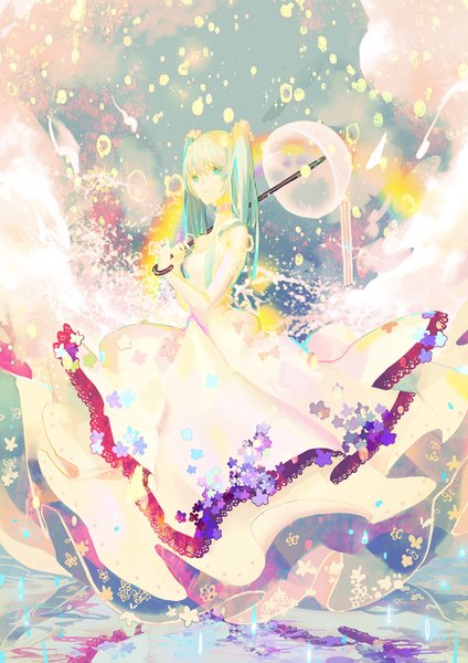 Anime picture 1000x1415 with vocaloid hatsune miku nibanmachi wakai single long hair tall image fringe standing twintails holding looking away multicolored hair aqua eyes two-tone hair alternate costume pale skin transparent umbrella girl dress flower (flowers)