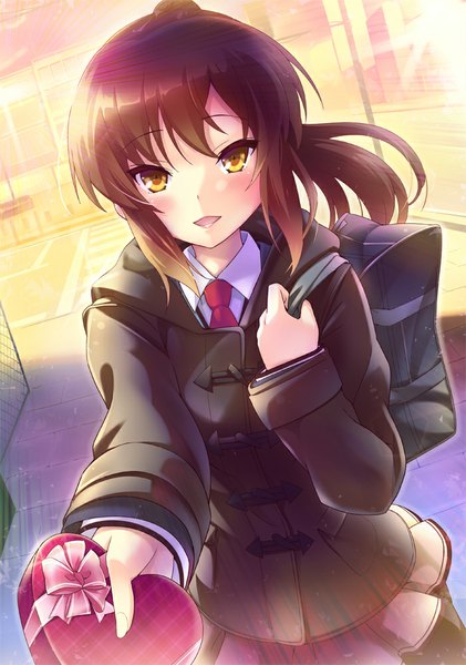 Anime picture 702x1000 with sakura-sou no pet na kanojo j.c. staff aoyama nanami urabi (tomatohouse) single long hair tall image looking at viewer blush open mouth brown hair brown eyes ponytail girl jacket school bag gift