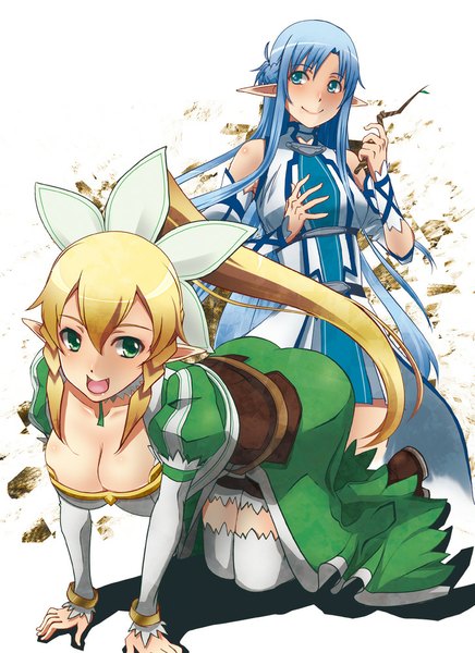 Anime picture 728x1000 with sword art online a-1 pictures yuuki asuna leafa asuna (sao-alo) kiko (weavehabit) long hair tall image fringe breasts open mouth blue eyes light erotic simple background blonde hair smile white background multiple girls green eyes blue hair