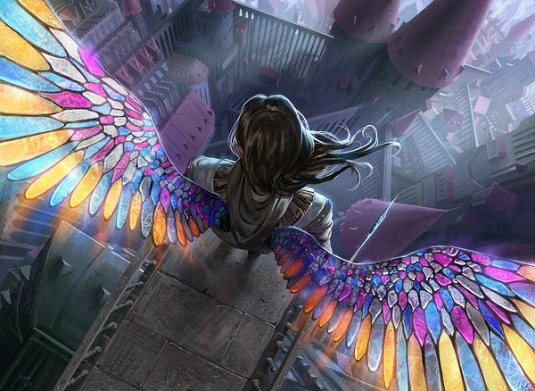 Anime picture 1000x731 with original johannes voss single long hair black hair from above looking down girl wings hood castle roof