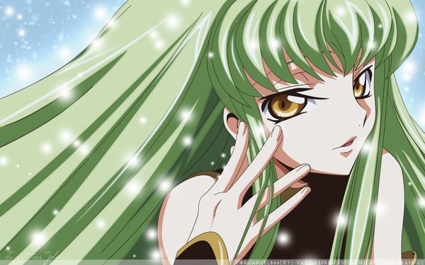 Anime picture 1920x1200 with code geass sunrise (studio) c.c. single long hair looking at viewer fringe highres wide image yellow eyes parted lips green hair wallpaper snowing close-up girl