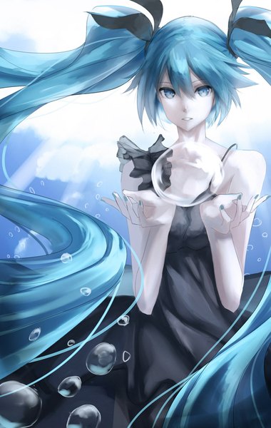 Anime picture 633x1000 with vocaloid shinkai shoujo (vocaloid) hatsune miku yuuichi (4561643) single tall image looking at viewer fringe open mouth twintails bare shoulders very long hair nail polish aqua eyes fingernails sunlight aqua hair underwater sunbeam clenched teeth