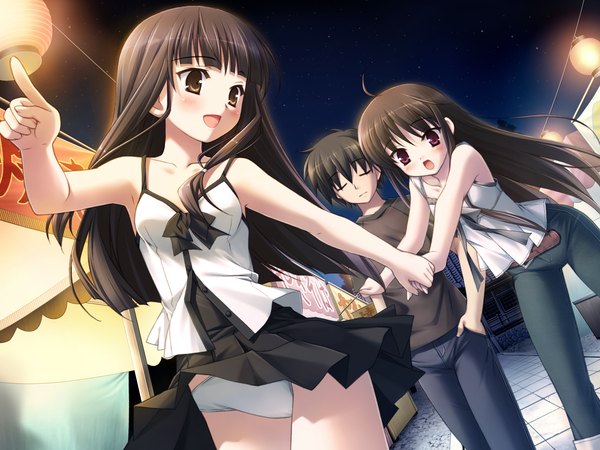 Anime picture 1600x1200 with natsu no ame segawa rikako kanekiyo miwa long hair blush short hair open mouth light erotic black hair red eyes brown hair bare shoulders multiple girls brown eyes game cg ahoge eyes closed pantyshot holding hands skirt lift