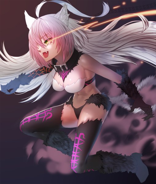 Anime picture 1693x2000 with fate (series) fate/grand order atalanta (fate) atalanta (alter) (fate) kyoungi nyang single long hair tall image fringe breasts open mouth light erotic simple background hair between eyes large breasts green eyes animal ears looking away cleavage silver hair