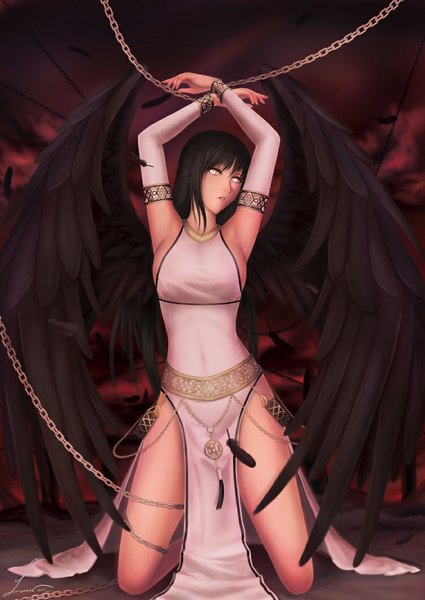 Anime picture 752x1062 with mabinogi morrighan maximebb single long hair tall image looking at viewer black hair yellow eyes girl dress detached sleeves wings chain feather (feathers)