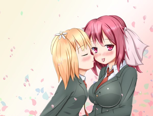 Anime picture 1740x1320 with sakura trick studio deen takayama haruka sonoda yuu aneten blush highres short hair blonde hair purple eyes multiple girls purple hair eyes closed shoujo ai saliva girl uniform bow 2 girls hair bow