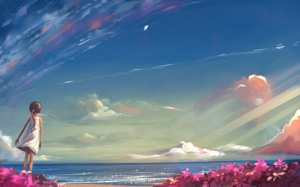 Anime picture 4000x2500 with original hangmoon long hair highres brown hair wide image absurdres sky cloud (clouds) tail from behind sunlight landscape summer girl flower (flowers) water sundress kite