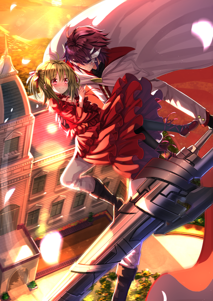Anime picture 1102x1560 with lance n' masques kidouin makio hanabusa youtarou swordsouls tall image blush fringe short hair blonde hair smile red eyes sitting twintails holding looking away purple hair ahoge bent knee (knees) from above sunlight