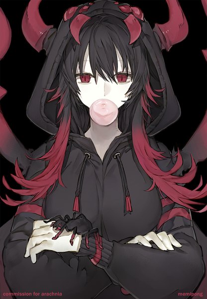 Anime picture 606x874 with original memipong single long hair tall image looking at viewer fringe black hair hair between eyes red eyes signed upper body red hair multicolored hair horn (horns) two-tone hair streaked hair black background crossed arms girl