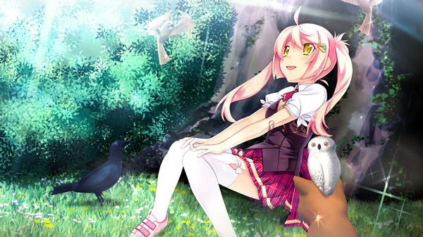 Anime picture 1024x576 with legend seven (game) long hair smile wide image twintails yellow eyes pink hair game cg ahoge girl thighhighs uniform school uniform animal white thighhighs
