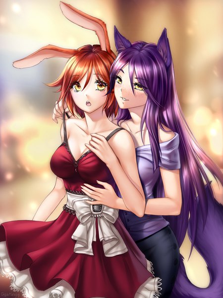 Anime picture 750x1000 with original gigamessy long hair tall image blush fringe short hair breasts open mouth light erotic hair between eyes standing bare shoulders multiple girls signed animal ears yellow eyes payot looking away cleavage