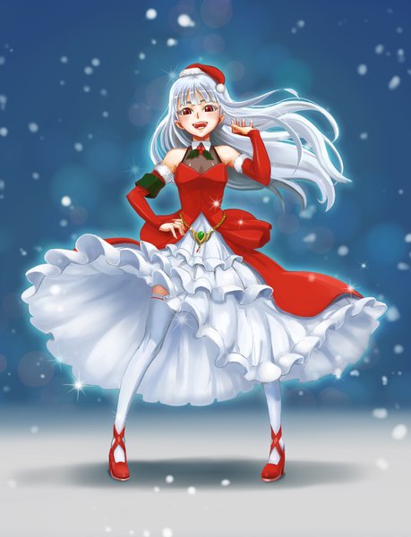 Anime picture 1531x2000 with original chen qi (chanseven) single long hair tall image looking at viewer blush open mouth smile red eyes silver hair hand on hip christmas merry christmas girl thighhighs dress hat white thighhighs santa claus hat
