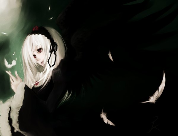 Anime picture 1268x969 with rozen maiden red eyes white hair black background wings feather (feathers) rosa