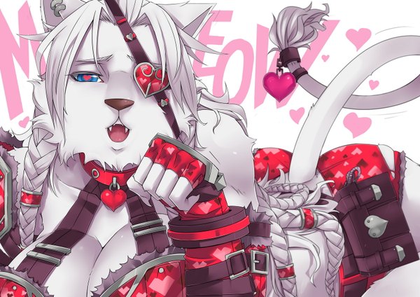 Anime picture 1500x1060 with league of legends rengar (league of legends) exaxuxer single open mouth blue eyes light erotic animal ears tail animal tail genderswap girl eyepatch