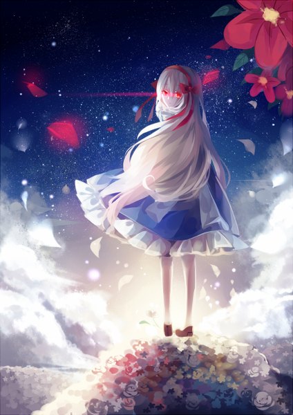 Anime picture 884x1250 with kagerou project shaft (studio) mary (kagerou project) filiananna single long hair tall image looking at viewer fringe blonde hair red eyes standing looking back wind from behind night night sky glowing glowing eye (eyes) girl