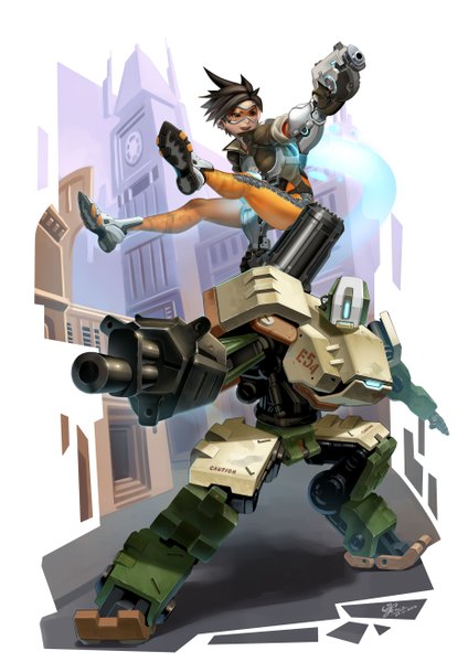 Anime picture 1860x2630 with overwatch blizzard entertainment tracer (overwatch) bastion (overwatch) agustinus (artist) tall image highres short hair black hair smile looking away black eyes mechanical girl weapon gun goggles pistol robot