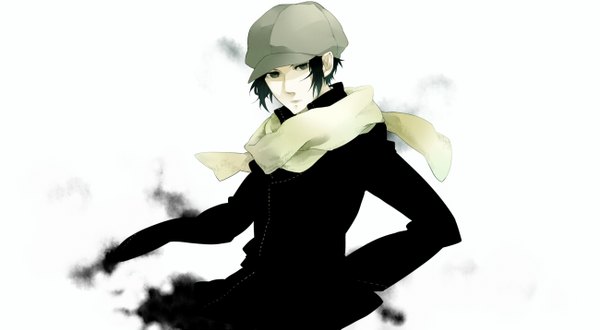 Anime picture 1300x715 with nabari no ou j.c. staff yoite kamatani yuuki single short hair black hair simple background wide image white background boy scarf coat flat cap