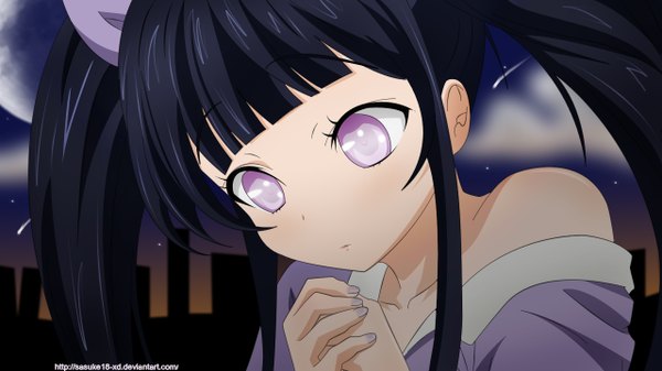 Anime picture 1280x720 with naruto studio pierrot naruto (series) hyuuga hinata sasuke18-xd single long hair black hair wide image twintails sky cloud (clouds) pink eyes coloring portrait face shooting star girl full moon skyscraper