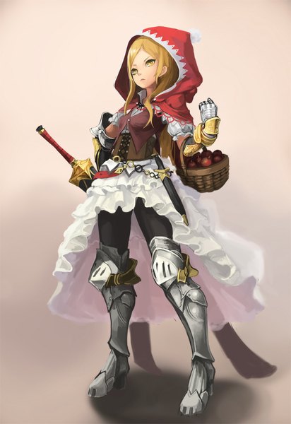 Anime picture 687x1000 with little red riding hood little red riding hood (character) akira0171 single long hair tall image blonde hair standing yellow eyes shadow girl gloves weapon elbow gloves armor hood chain cloak fruit sheath