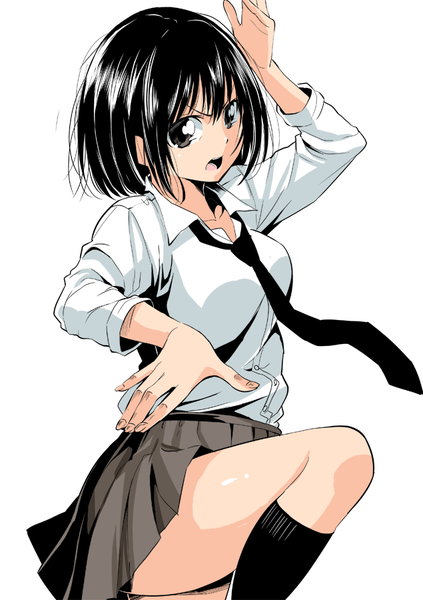 Anime picture 635x900 with original nishigori atsushi single tall image looking at viewer fringe short hair open mouth black hair simple background hair between eyes standing white background pleated skirt arm up black eyes :o standing on one leg leg lift (legs lift) fighting stance