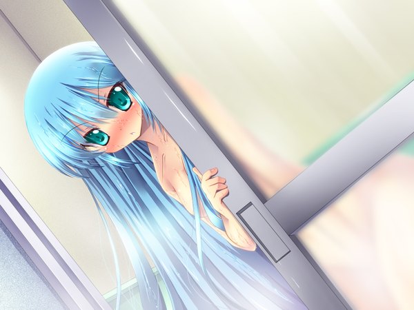 Anime picture 1600x1200 with vocaloid hatsune miku rankiryuu blush light erotic twintails very long hair aqua eyes aqua hair wet girl