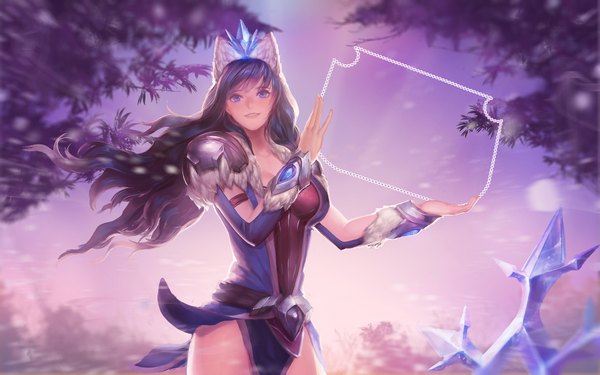 Anime picture 1920x1200 with league of legends sivir (league of legends) instant-ip single long hair looking at viewer fringe highres black hair smile standing purple eyes animal ears cat ears light girl plant (plants) tree (trees) armor leaf (leaves)