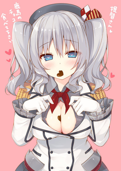 Anime picture 752x1062 with kantai collection kashima training cruiser miko (royal milk) single long hair tall image blush breasts blue eyes light erotic hair between eyes cleavage silver hair symbol-shaped pupils pink background valentine girl gloves food white gloves