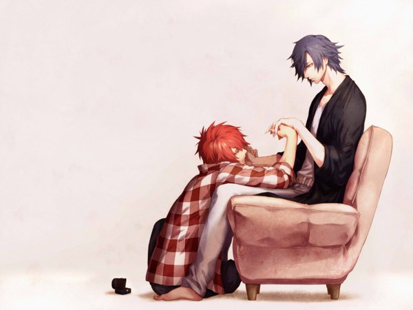 Anime picture 2000x1500 with uta no prince-sama a-1 pictures ichinose tokiya ittoki otoya tosetsuna highres short hair blue eyes simple background red eyes sitting blue hair red hair barefoot multiple boys holding hands eye contact shounen ai hand on face plaid