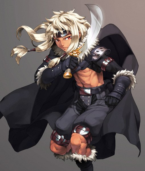 Anime picture 1021x1200 with original cozy single long hair tall image simple background blonde hair red eyes grey background boy gloves weapon armor fur