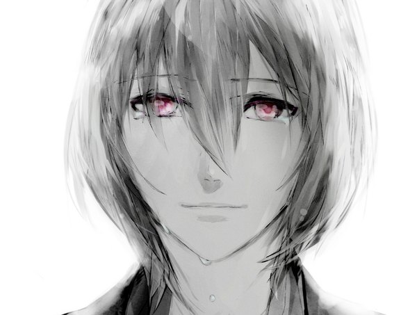 Anime picture 1197x904 with aquarion (series) aquarion evol satelight jin musou single fringe short hair simple background hair between eyes red eyes white background tears monochrome crying boy