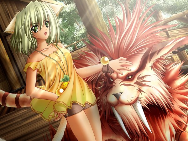 Anime picture 1200x900 with moldavite cynthia (moldavite) green eyes game cg green hair cat girl girl