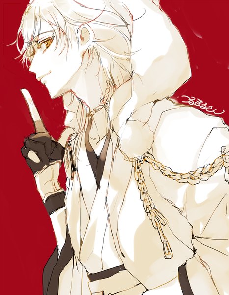 Anime picture 622x800 with touken ranbu nitroplus tsurumaru kuninaga momoshiki tsubaki single long hair tall image looking at viewer simple background yellow eyes white hair traditional clothes japanese clothes profile light smile red background white skin boy gloves black gloves