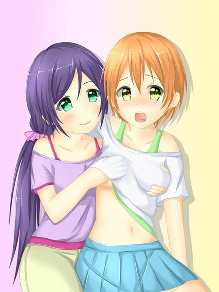 Anime picture 600x800 with love live! school idol project sunrise (studio) love live! toujou nozomi hoshizora rin tear yu tall image looking at viewer blush fringe short hair breasts open mouth light erotic simple background smile multiple girls green eyes yellow eyes purple hair