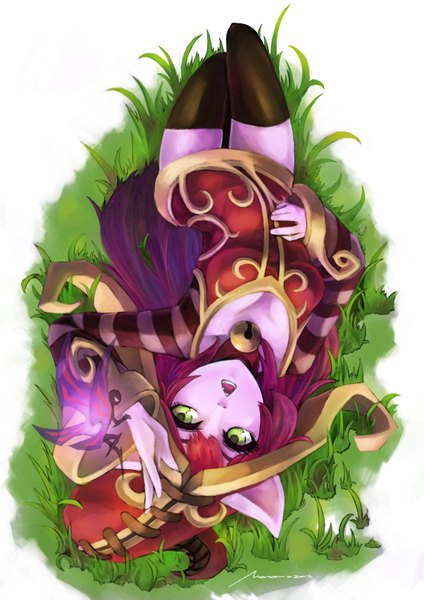 Anime picture 2480x3508 with league of legends lulu (league of legends) monori rogue single long hair tall image highres green eyes animal ears purple hair upside down purple skin girl thighhighs dress black thighhighs plant (plants) hat bell grass