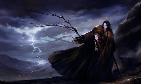 Anime picture 1500x896 with original danhu long hair black hair brown hair wide image standing holding looking away sky wind dark background serious river lightning fog girl boy weapon fur