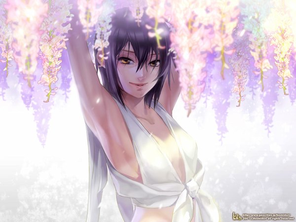 Anime picture 1024x768 with original book of pictures (artbook) midori foo long hair looking at viewer black hair smile cleavage armpit (armpits) orange eyes arms behind head girl flower (flowers) wisteria