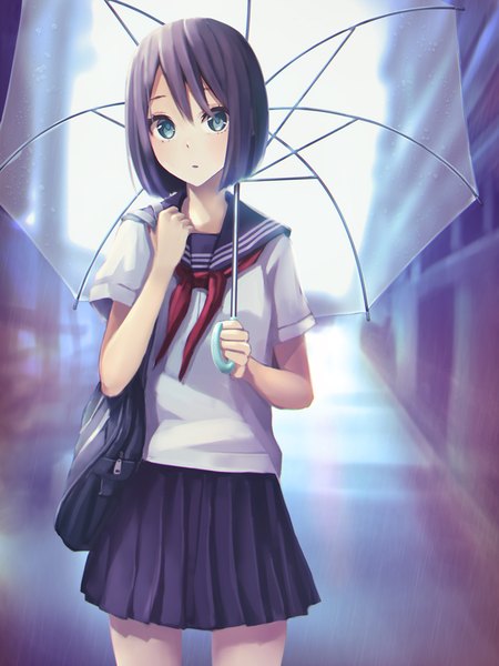 Anime picture 750x1000 with original tokumaru single tall image looking at viewer short hair blue eyes black hair girl skirt uniform serafuku umbrella school bag