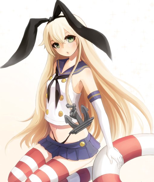 Anime picture 1718x2026 with kantai collection shimakaze destroyer nemunemu (bluelight5) single long hair tall image looking at viewer highres breasts simple background blonde hair white background green eyes girl thighhighs gloves underwear panties bow hair bow