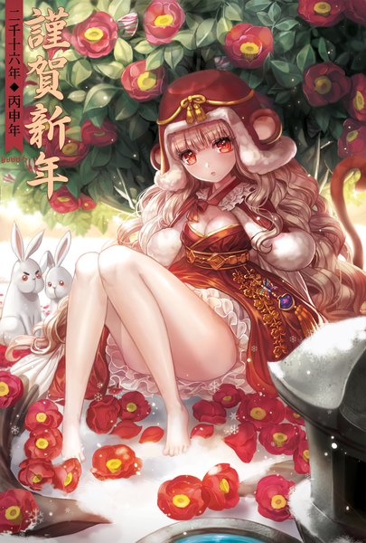 Anime picture 1000x1479 with original bbbox (hotpppink) single tall image looking at viewer fringe breasts red eyes brown hair very long hair legs new year nengajou girl dress flower (flowers) animal headdress bunny camellia (flower)