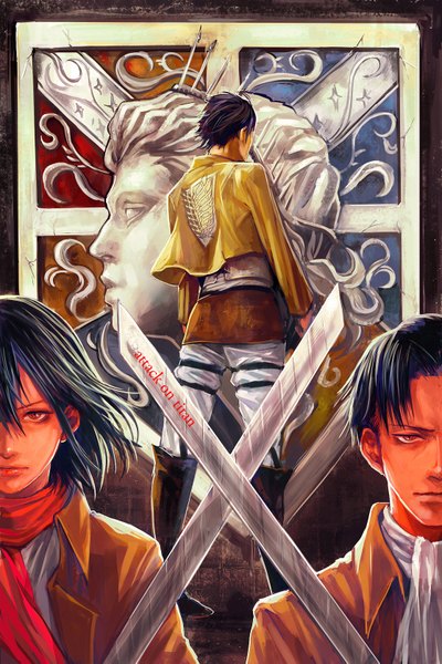 Anime picture 1118x1677 with shingeki no kyojin production i.g mikasa ackerman eren yaeger levi (rivaille) tsuyomaru tall image looking at viewer short hair black hair red eyes holding wind from behind multiple boys dual wielding crossed swords girl boy weapon