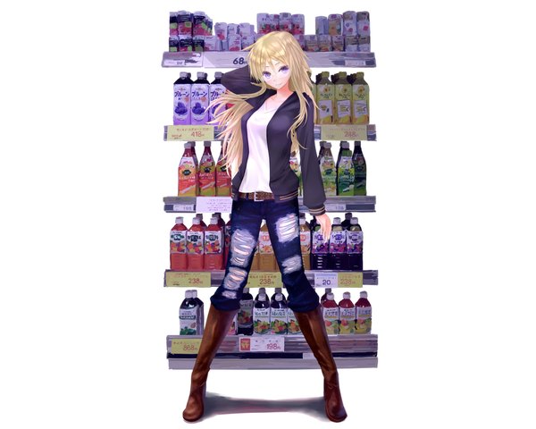 Anime picture 1920x1536 with ben-tou david production shaga ayame tagme (artist) single long hair highres simple background blonde hair smile purple eyes torn clothes girl glasses thigh boots jeans torn jeans