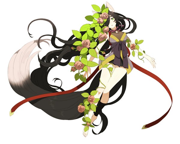 Anime picture 1000x800 with original pixiv fantasia ni02 (asahi nini) single long hair looking at viewer fringe black hair simple background white background green eyes animal ears tail very long hair animal tail barefoot hair over one eye girl dress flower (flowers)