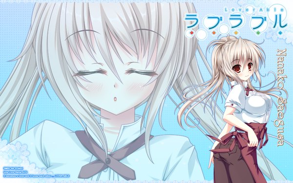 Anime picture 1920x1200 with loverable saegusa nanako hinata momo single long hair looking at viewer blush highres open mouth red eyes wide image standing silver hair eyes closed inscription waitress girl apron