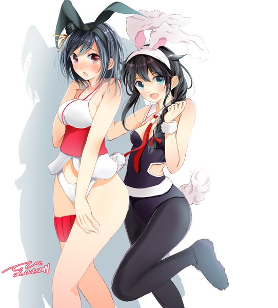 Anime picture 1809x2000 with kantai collection shigure destroyer yamashiro battleship tebi (tbd11) long hair tall image looking at viewer blush highres short hair breasts open mouth blue eyes light erotic simple background smile red eyes large breasts white background multiple girls