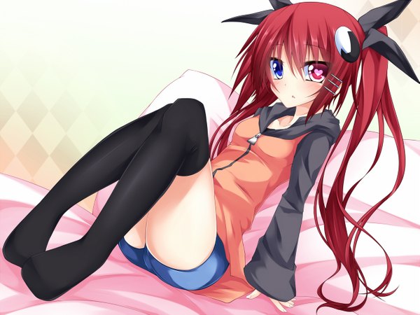 Anime picture 1333x1000 with original suterii single long hair looking at viewer blush sitting twintails red hair long sleeves barefoot legs heterochromia girl thighhighs hair ornament ribbon (ribbons) black thighhighs hair ribbon shorts