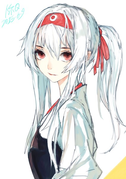 Anime picture 2480x3507 with kantai collection shoukaku aircraft carrier messikid single long hair tall image looking at viewer fringe highres simple background hair between eyes red eyes white background signed payot upper body white hair ponytail dated alternate hairstyle