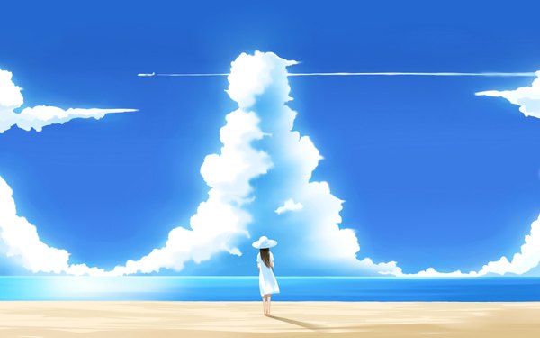 Anime picture 1920x1200 with original mira (artist) single long hair highres brown hair wide image sky cloud (clouds) barefoot beach scenic sand girl dress hat water sea sundress aircraft