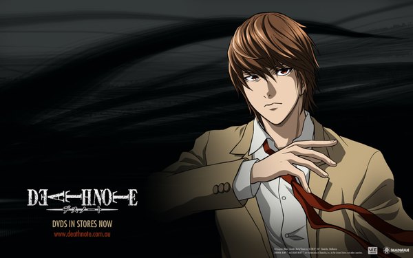 Anime picture 1680x1050 with death note madhouse yagami light single short hair red eyes brown hair wide image black background boy necktie